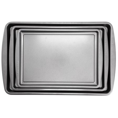 Gibson Home Love To Bake Nonstick Steel Jelly Roll 3 Piece Baking Sheet Set in Gray